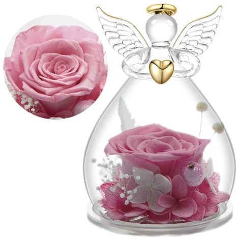 Regalo per mamma con angelo in vetro e fiori eterni, ideale per compleanni e San Valentino.