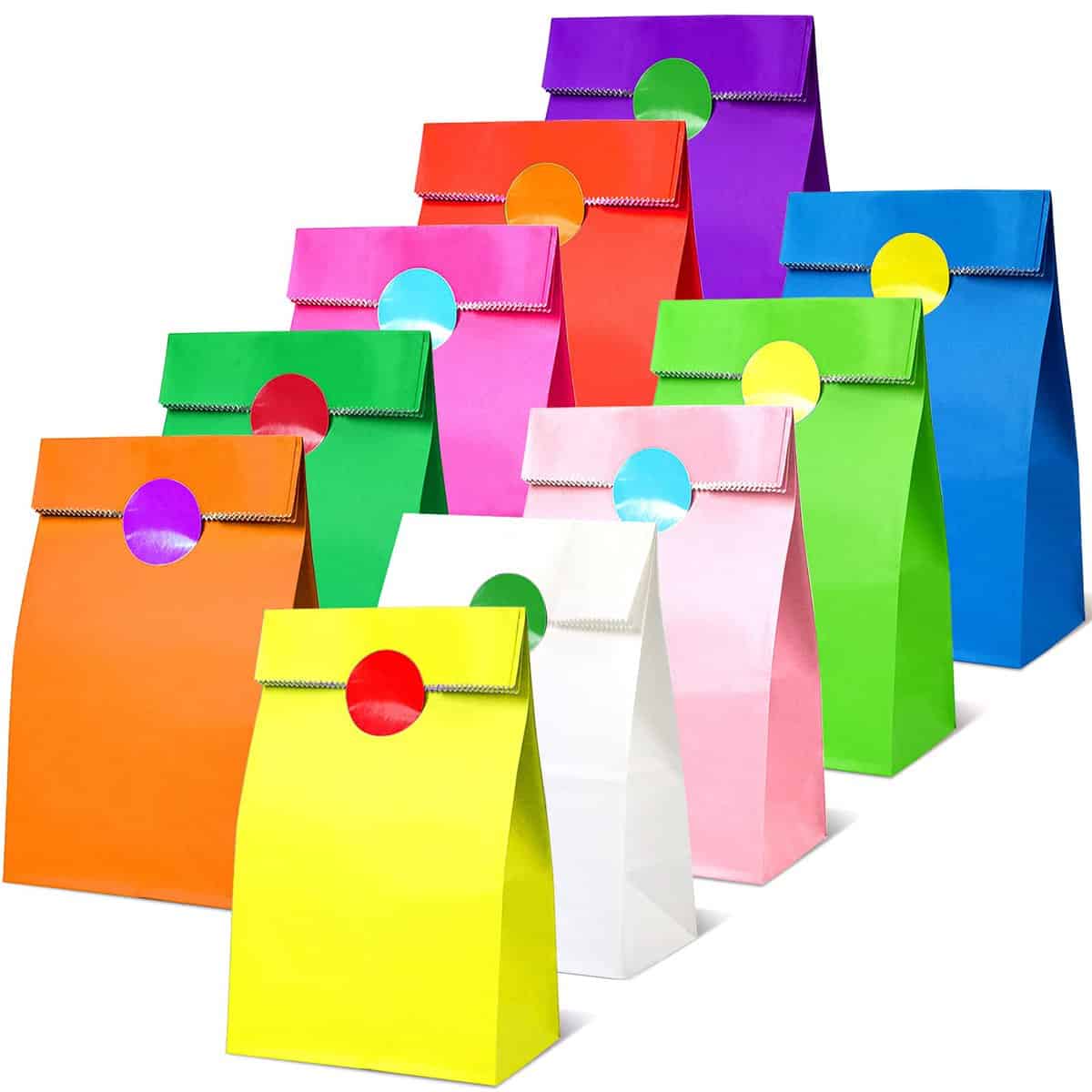 CHEPULA Sacchetti Regalo Carta, 50 Pezzi Piccoli Colorati Buste Regalo Compleanno Bambini, Borse Carta con 60 Adesiv, Sacchetti Caramelle per Festa