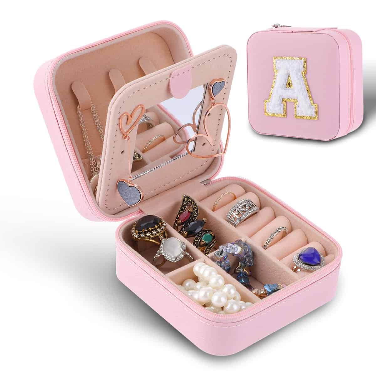 Amaxiu Mini Portagioie Piccolo, Organizzatore di Gioielli Portatile da Viaggio con Specchio Espositori per Gioielli da Viaggio Espositori Regalo per Donne Ragazze Anello Orecchini Collana, Rosa (A)