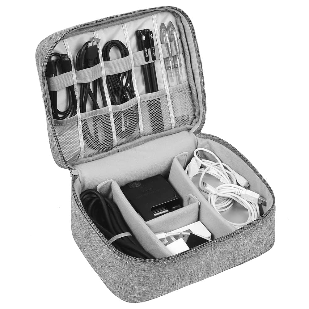 HCFGS Borsa Accessori Elettronici Grande Organizer Cavi da Viaggio Doppio Strato Custodia Cavi Resistente All'acqua Antiurto Borsa per Fotocamera, Cavo USB, Schede SD, Hard Disk (Grigio)