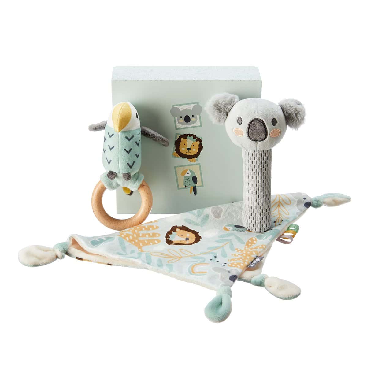 Nuby - Set regalo per bambini Animal Adventures - Set di 3 ricordi - Copertina morbida, Sonaglio e Pappagallo a campana - Include confezione regalo - Adatto fin dalla nascita