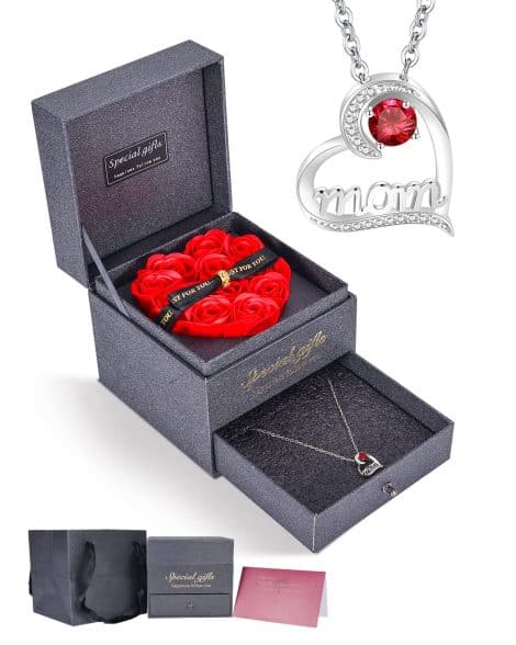 Rose eterno con collana MOM, regalo creativo, scatola rosa conservata con collana, regalo per mamma, festa della mamma, compleanno, Natale, anniversario.