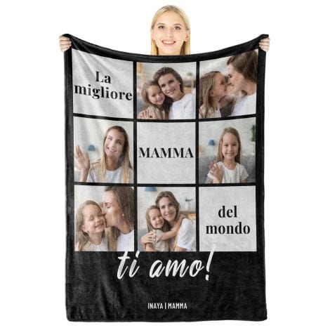 Coperta personalizzata con foto per festeggiare il compleanno della mamma, un regalo originale e utile.