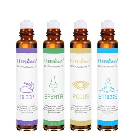 Set di roll on con oli essenziali di aromaterapia HERBROMAS, pronte all’uso sulla pelle, regalo rilassante 4 x10ml.