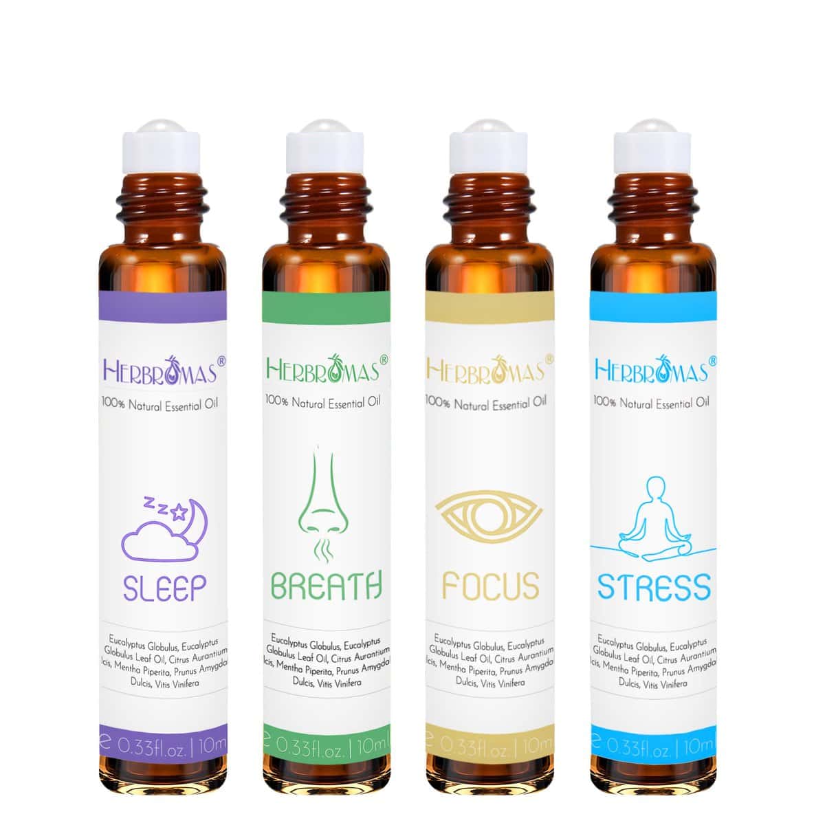 Set di roll on con oli essenziali di aromaterapia HERBROMAS, miscele naturali già diluite per l'uso sulla pelle, regalo rilassante per donne e uomini, confezione da 4 x10ml.