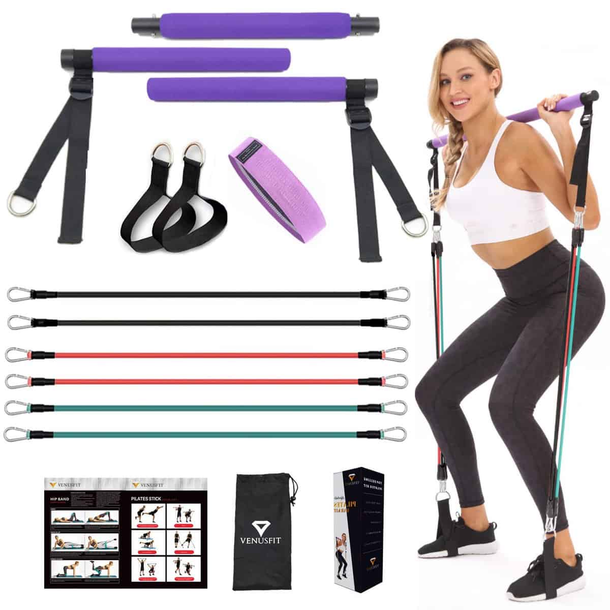 VENUSFIT Kit barra per pilates 6 bastoncini per modellare il corpo con fascia elastica regolabile di resistenza per yoga, stretching, scultura, squat, allenamento in palestra da 130 libbre