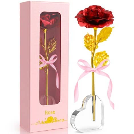 Rosa Eterna Stabilizzata con Base d’Amore: un Regalo Originale per Donne, madri, fidanzate, mogli, nonne. Idee Regalo di Compleanno, Natale, Festa della mamma, San Valentino, Anniversario. Rosa d’Oro 24K (Rosso).