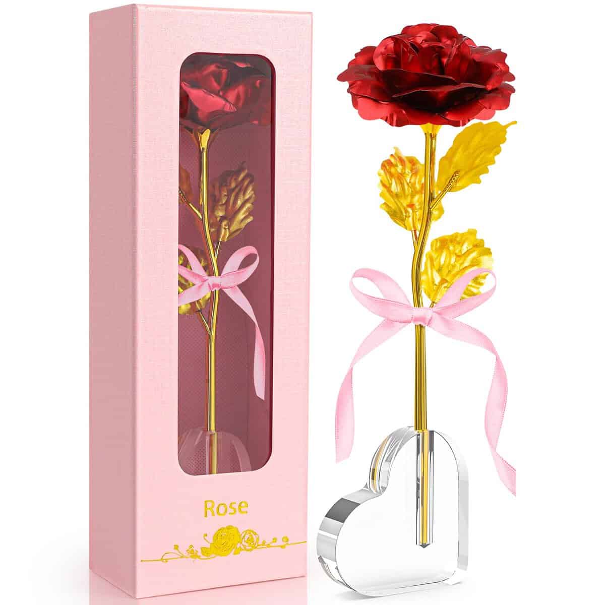 Rosa Eterna Stabilizzata con Base d'Amore, Originale Regalo per Donne Madre Fidanzata Moglie Nonna Idee Regalo di Compleanno Natale Festa della mamma San Valentino Anniversario 24K Oro Rosa (Rosso)