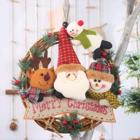 Ghirlanda Natalizia Fresca e Colorata, 30cm, con Bambola di Alce, Babbo Natale e Pupazzo di Neve.