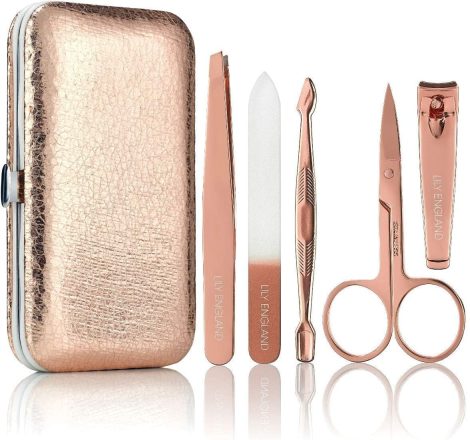 Set per la cura delle unghie in oro rosa (5 pezzi) – Kit manicure professionale acciaio inossidabile con custodia da viaggio – Il regalo perfetto per donne e ragazze, Lily England