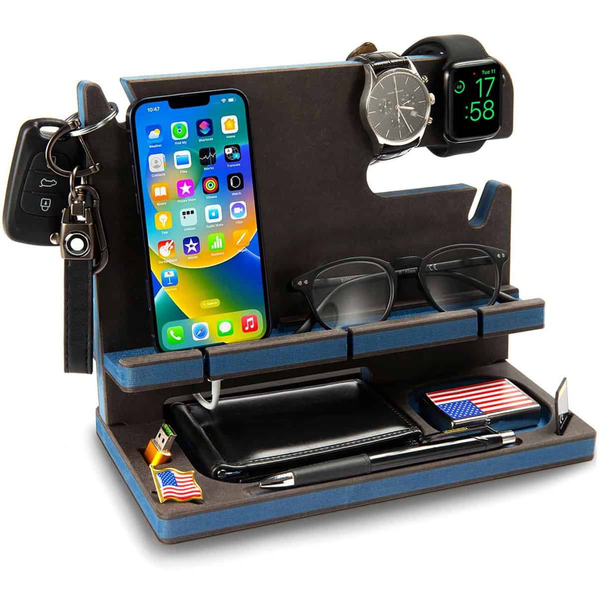 GRETAOTO Docking Station Legno per Cellulare Supporto Telefono Svuotatasche Organizer Scrivania Regali per Lui Regalo Uomo Natale Papà e Marito