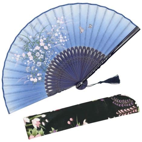 OMyTea – Ventaglio pieghevole “Grassflower”, donna, stile rétro vintage cinese/giapponese, con custodia tessuto protettiva, Blu.
