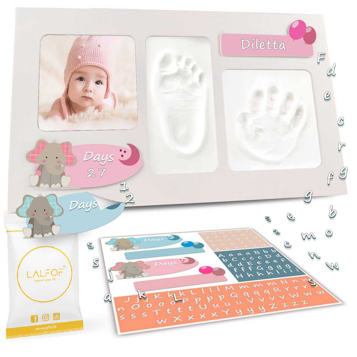 LALFOF® Cornice Impronta Mani e Piedi Neonati con NOME e Data in Rosa o Blu.Cornice Impronte Neonato con Kit Impronte Mani e Piedi Neonato certificato. Regalo nascita bimba/bimbo Lista Nascita Bebè
