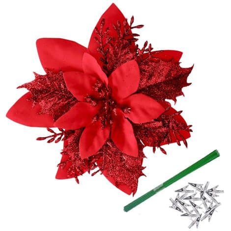 Fiori di Natale artificiali Bafenli, 15 pezzi, 14 cm, con glitter e clip per decorazione albero di Natale. (Italian translation)