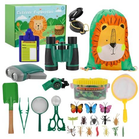 Kit Esploratore per Bambini 3+ Anni: Binocolo, Bussola, Cannocchiale con Custodia. Giocattoli All’aperto per Ragazzi e Ragazze.