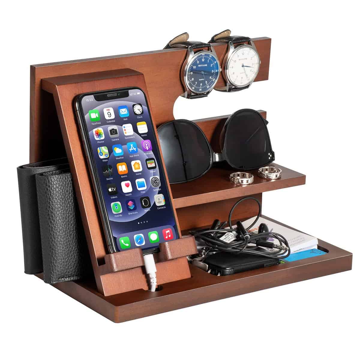Regalo Uomo Compleanno Docking Station in Legno Cellulare Portafoglio Orologio Regalo Papà per Lui Regalo Organizer Uomo Marito Fidanzato Supporto da Comodino Idee Regalo per Lui Regalo Uomo Natale