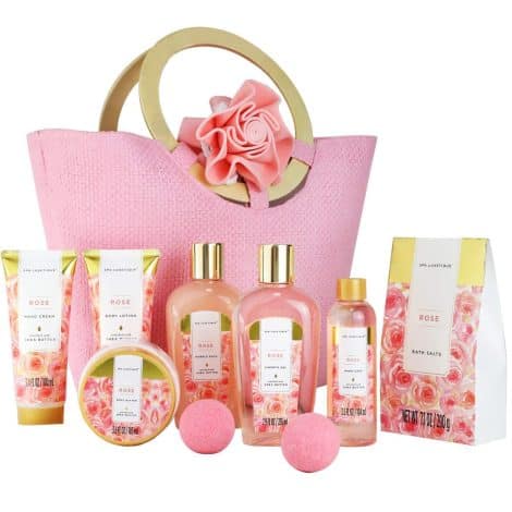 Set regalo per lei, con 10 pezzi di prodotti per il bagno alla rosa. Perfetto per compleanni e Natale.