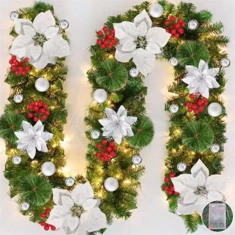 Ghirlanda Natalizia Argento Illuminata con LED, 270cm. Ideale per decorare casa, camino, giardino o festa natalizia!