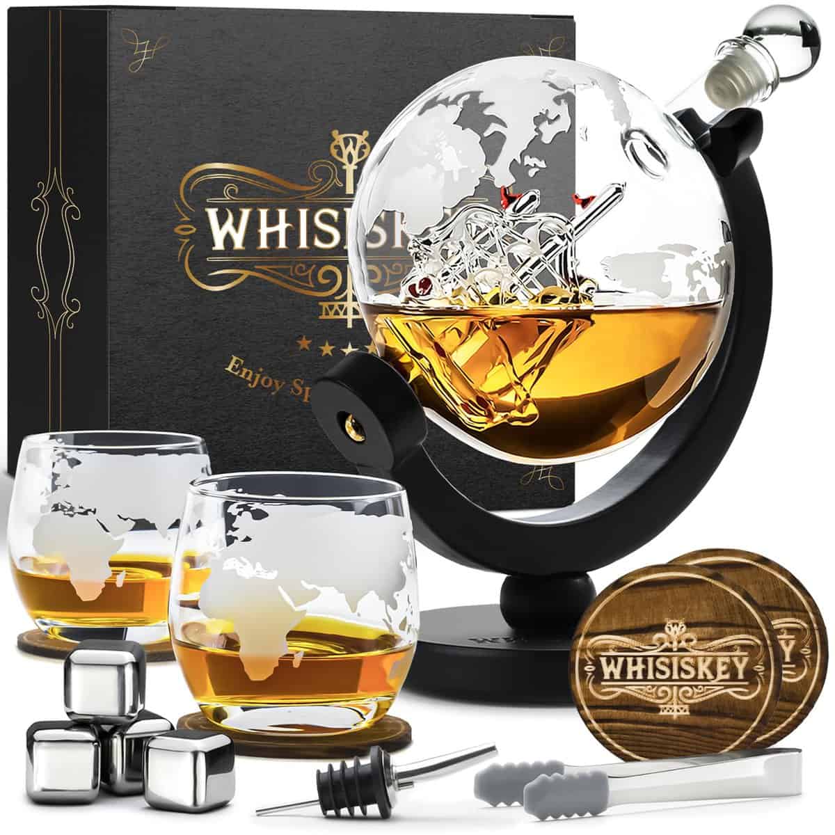Whisiskey - Decanter per Whisky - Mappamondo - 900ML - Regalo Uomo - Caraffa Whiskey - Regali Compleanno - Set include 4 Cubetti di Ghiaccio Riutilizzaibili, Pinze e 2 Bicchieri in Vetro