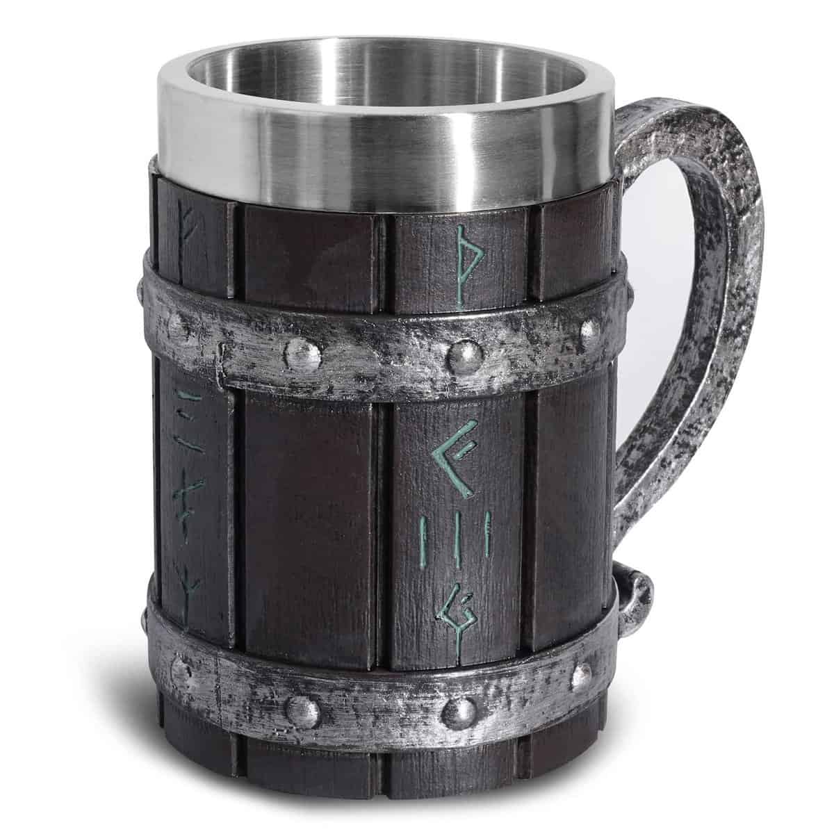 Nordic Viking Rune - Boccale da birra, in legno di quercia, misura grande, con acciaio inox, legno e resina, 3D, per uomini, regalo per la festa del papà, 550 ml