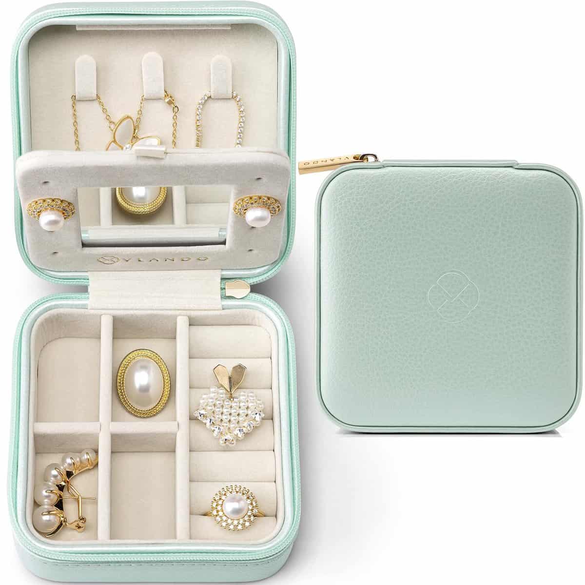 Vlando Portagioie da ragazza, piccola donna, per anelli, orecchini con specchio, portagioie in pelle, per ragazze, regalo di colore verde