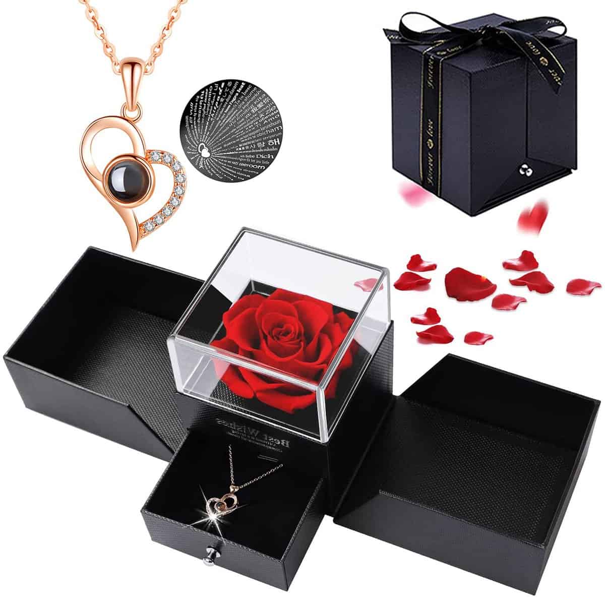Rosa Eterna,La Bella e la Bestia Rose Confezione Regalo di Gioielli in Rosa Conservati a Mano,Fiore Mai Appassito,Regali per Donne San Valentino,Festa della Mamma