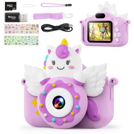 Macchina fotografica per bambini con risoluzione 1080p, ricaricabile, dotata di scheda SD da 32GB e schermo da 2.0 pollici. Regalo di Natale e compleanno per ragazze dai 3 ai 10 anni.