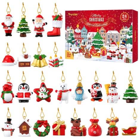Calendario dell’Avvento natalizio con 24 piccoli ornamenti in resina, perfetta decorazione natalizia.