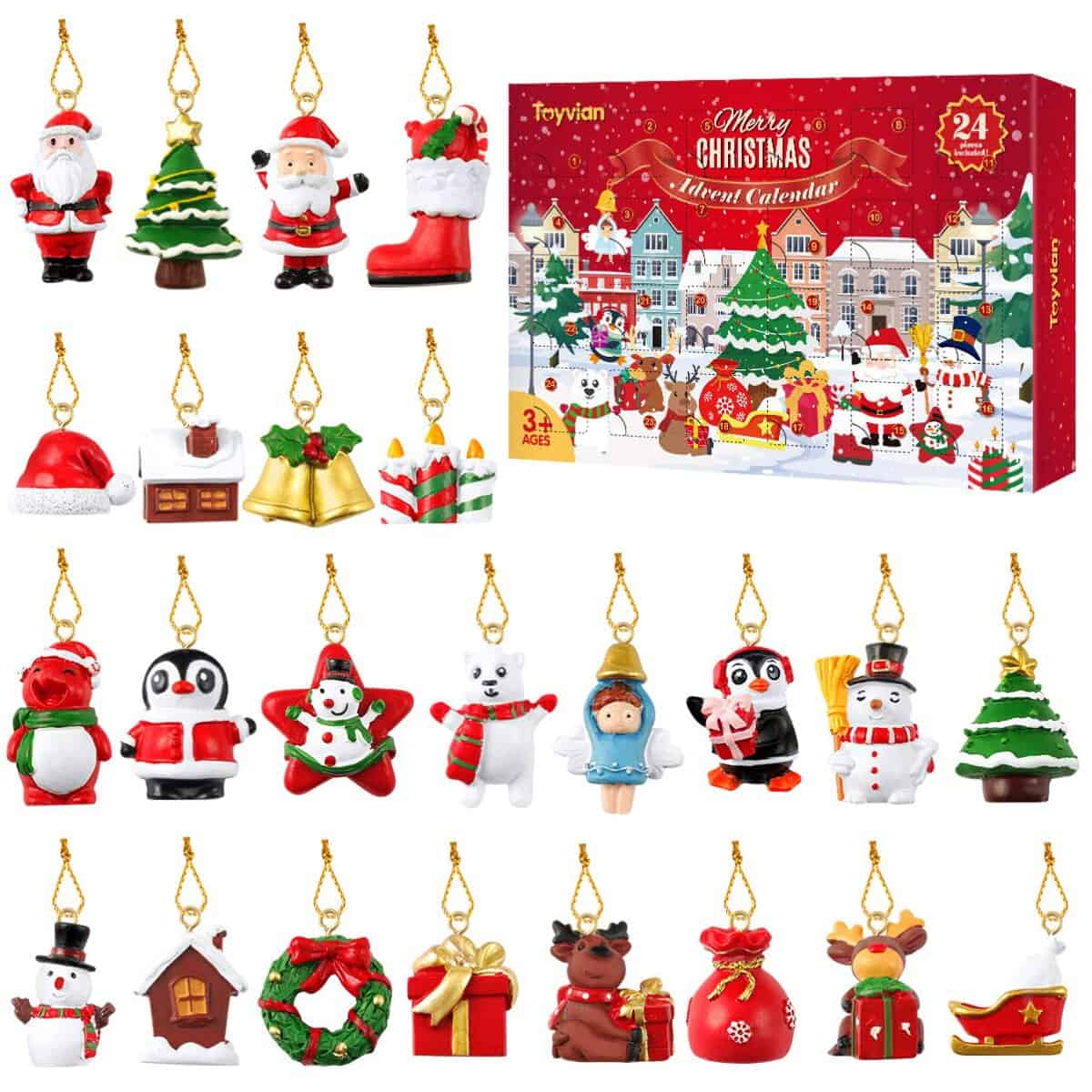 Toyvian - Calendario dell’Avvento natalizio, 24 ornamenti assortiti in miniatura in resina, decorazione natalizia