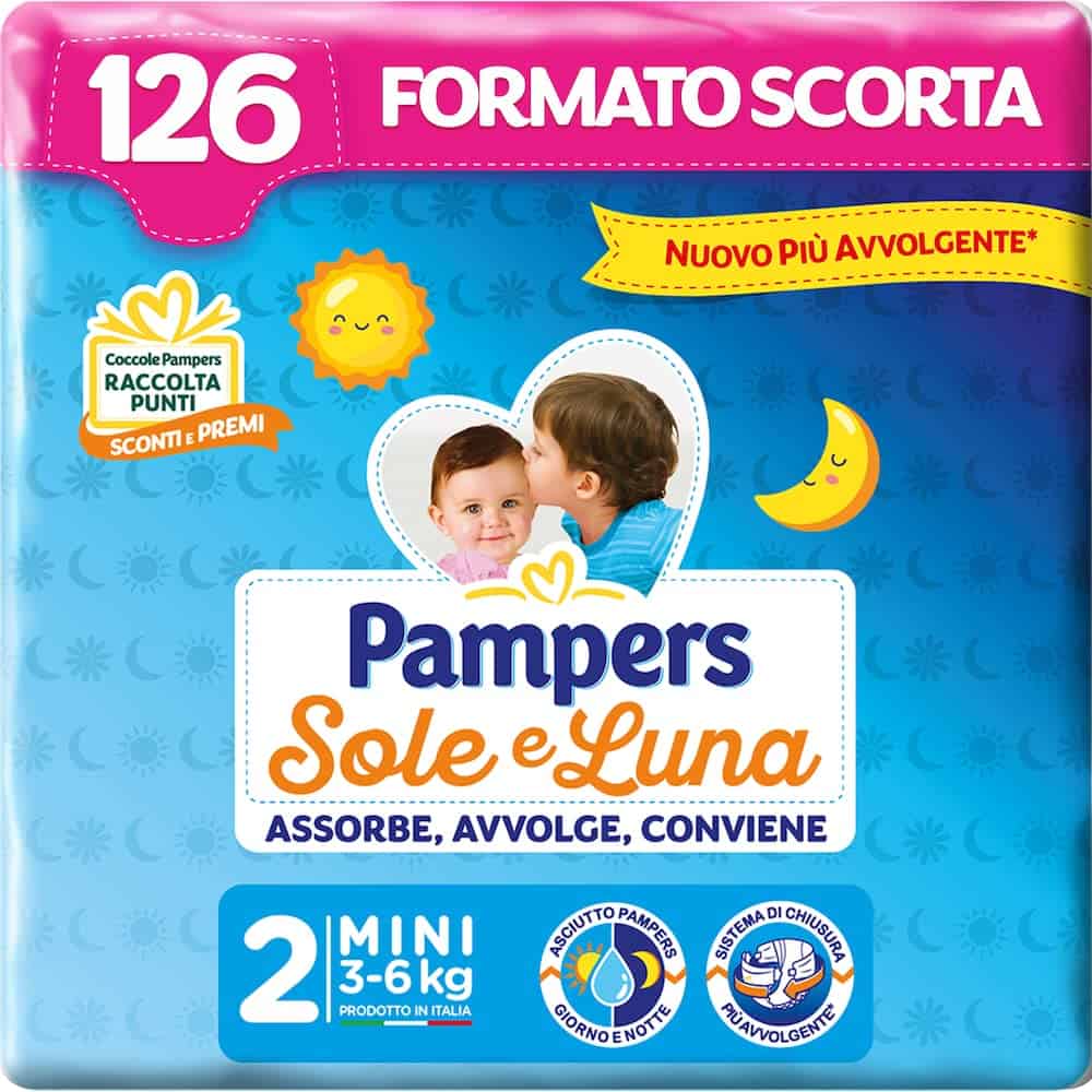 Pampers Sole E Luna Mini, 126 Pannolini, Taglia 2 (3-6 Kg)