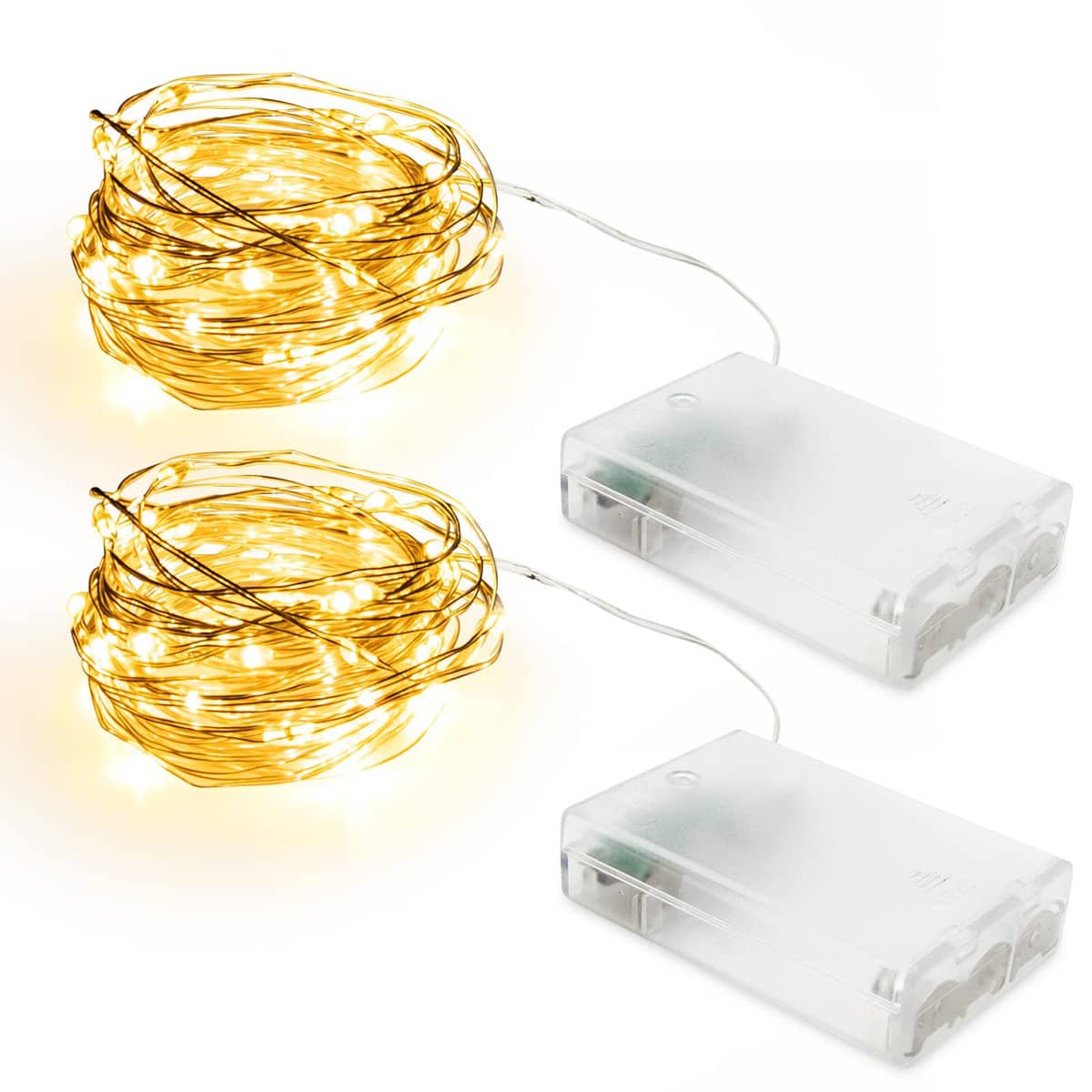 AGOTD Stringa Luci a Batteria, Catena Luminosa 5M 50 LED Filo Rame Ghirlanda Luminosa Lucine Fata Luci per Natale Matrimonio Decorative Camere da Letto Giardino Casa Feste, Bianco Caldo 2 Pezzi