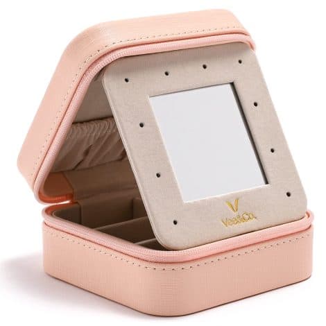 Scatola portagioie viaggiante Vee&In per donna, compatta con specchio, per organizzare bracciaia, anelli, orecchini e collane. (Rosa)