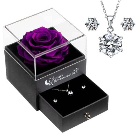 Rosa Viola Stabilizzata Sunia, con Collana in Argento, Fiore di Rosa Reale, Regalo Incantato per San Valentino e Natale.