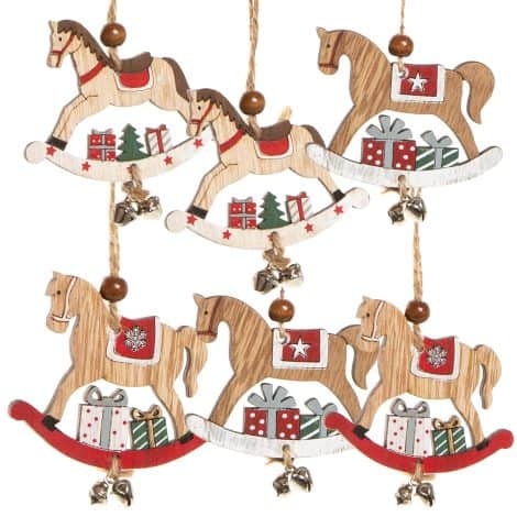 Ciondoli Natalizi Vintage per Albero di Natale: Cavallo a Dondolo Legno con Campanellino. Marrone, Rosso e Bianco. Perfetto come Regalo o Decorazione per Feste.