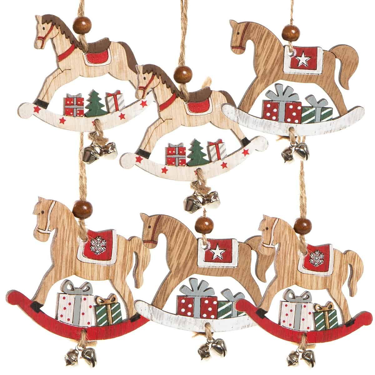 Logbuch-Verlag 6 ciondoli Natalizi Cavallo a Dondolo Legno Campanellino Marrone Rosso Bianco Regalo addobbi Albero Natale Decorazione Vintage Feste