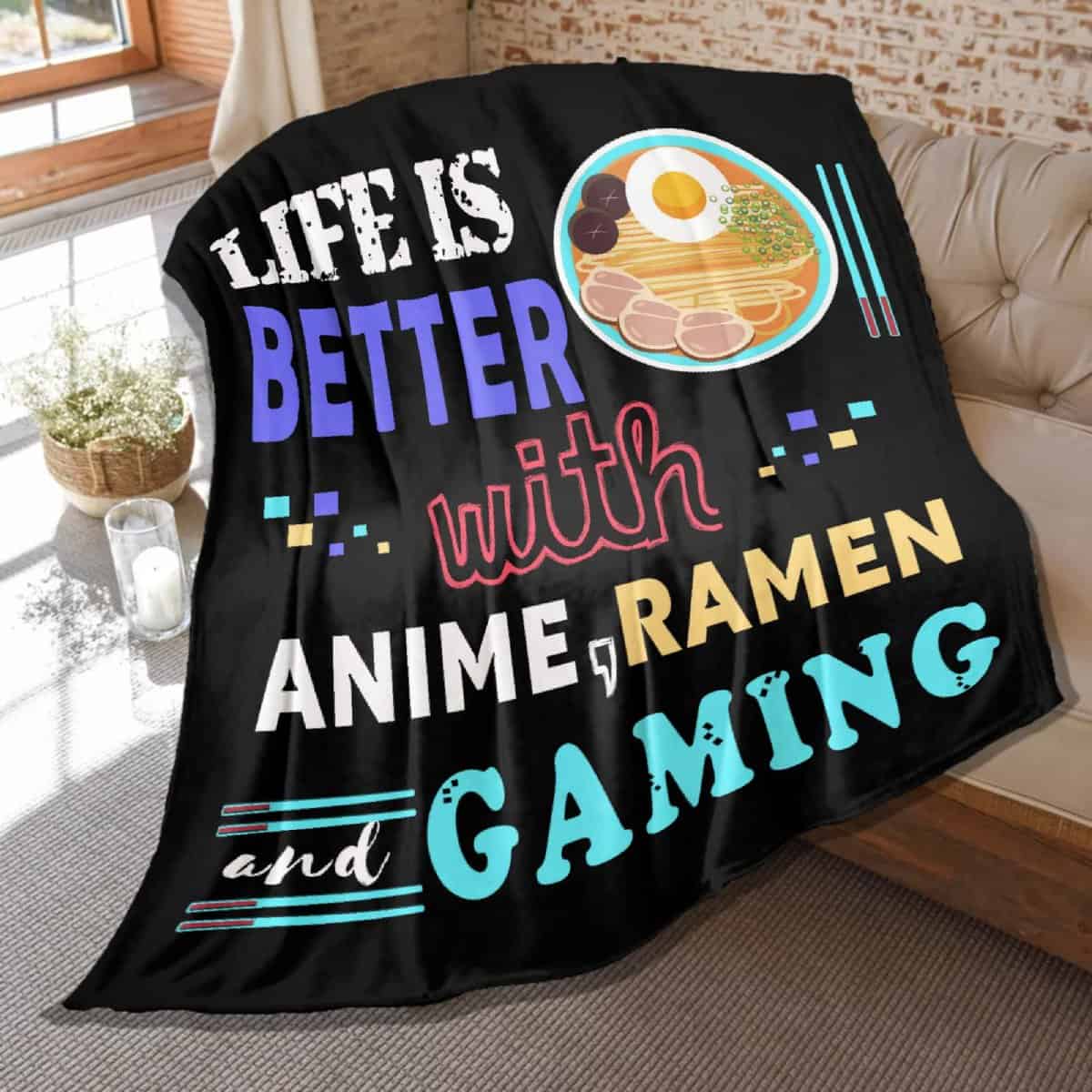 Coperta Ramen Noodle, con motivo "Life is Better with Gaming", ideale come regalo per bambini, ragazzi, uomini, in morbido pile leggero, 152 x 127 cm, misura media per ragazzi e ragazze