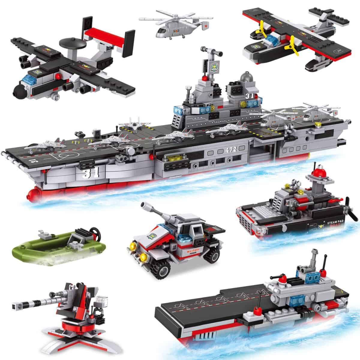 1161 Pezzi City Portaerei Blocchi da Costruzione Set, 13 in 1 Nave da Guerra Militare Costruzione Giocattolo Kit, con Combattente, Motovedetta, Gioco di Ruolo Regalo per Ragazzi 6+ Anni