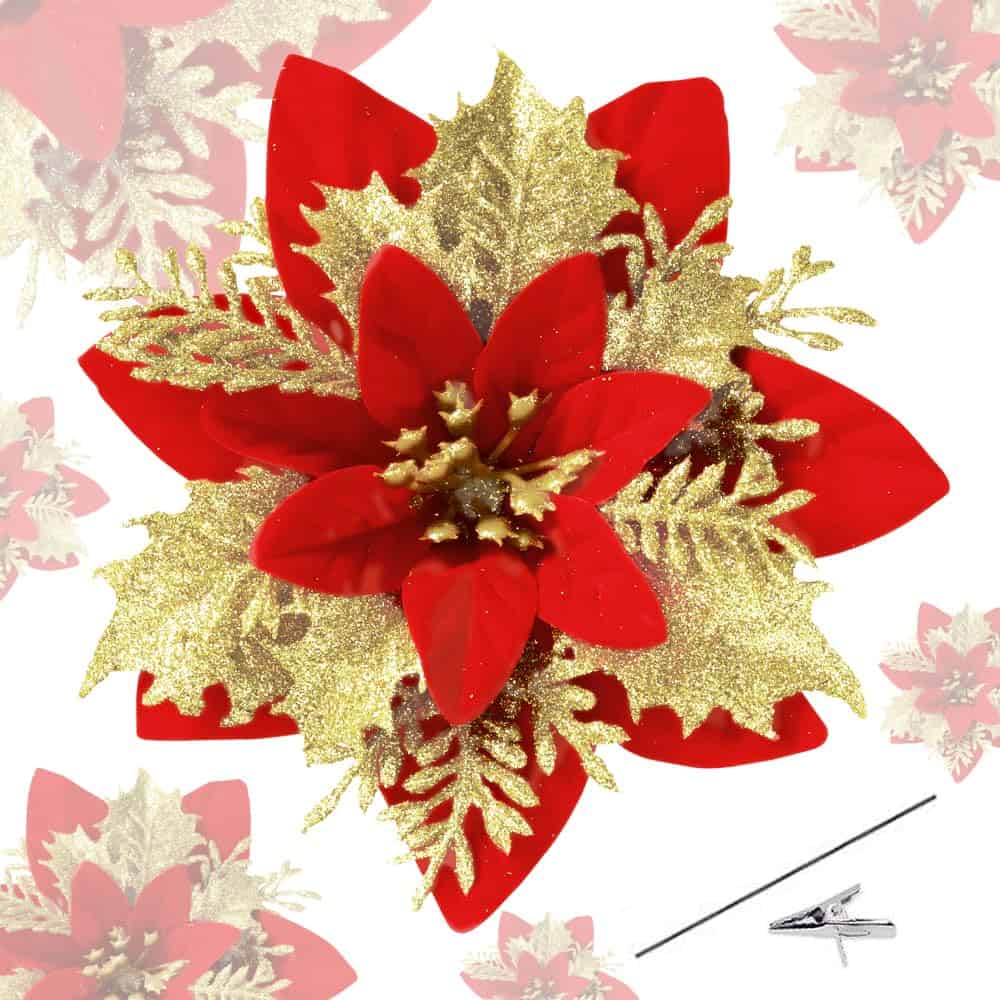 Roqueen 15 Pezzi 14CM Fiori artificiali di Natale Poinsettia Glitter con Clip Stelo Albero di Natale Ornamenti per Ghirlanda Festa Matrimonio Capodanno Decorazioni (Rosso Oro)