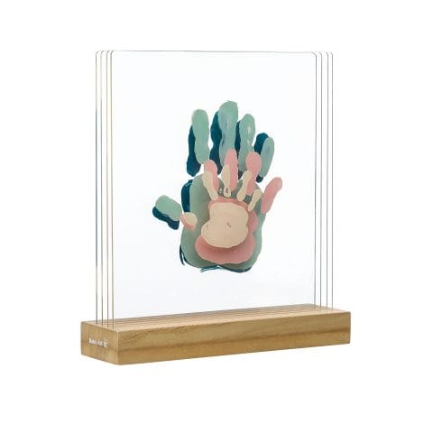 Baby Art Kit per impronte di famiglia: cornice per mani di tutta la famiglia, regalo di nascita trasparente con base in legno.