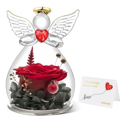 Rosa eterna con angelo in regalo, perfetta idea regalo per compleanni, anniversari o festività.