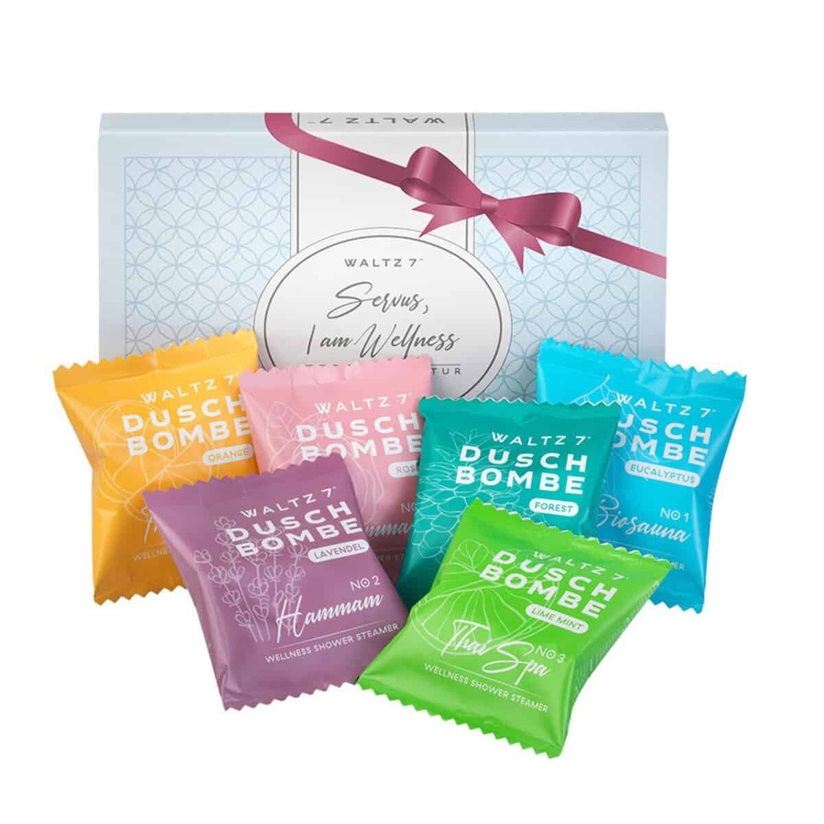 WALTZ 7 Bombe da Doccia Originali, 6 Pezzi con 6 Fragranze, Qualità dall'Europa, Pastiglie da Dcocia agli Oli Essenziali, Piccolo Regalo Donna, Uomo, Amica, Natale, Set Benessere per il Relax