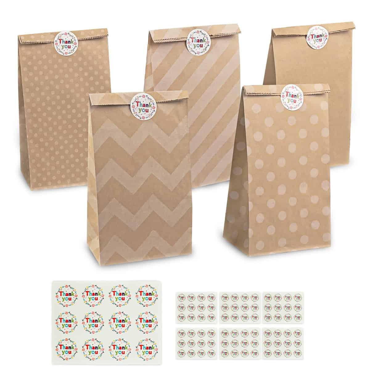 Newpop 50 Pezzi sacchetti carta regalo kraft con 84 Adesivi, sacchetto per alimenti, bustine carta per Dolci e Confezioni, per Compleanni, Matrimoni, Natalizi Feste, Halloween, compleanno bambini