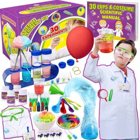 Kit scientifico UNGLINGA con 30 esperimenti e camice da laboratorio, perfetto per bambine da 3 a 11 anni.