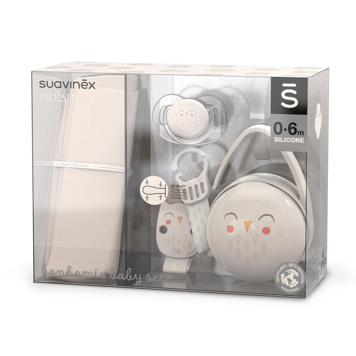 Suavinex, Set Nascita Premium. Set regalo bebè con: Mussola di Cotone + Ciuccio con Tettina Simmetrica SX Pro 0-6 mesi + Clip Portaciuccio + Portaciuccio Duo. (4 pezzi). Bianco