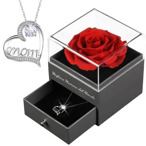 Regalo Stabilizzato Miofula Rosa Eterna con Collana per Mamma, Compleanno o Anniversario.
