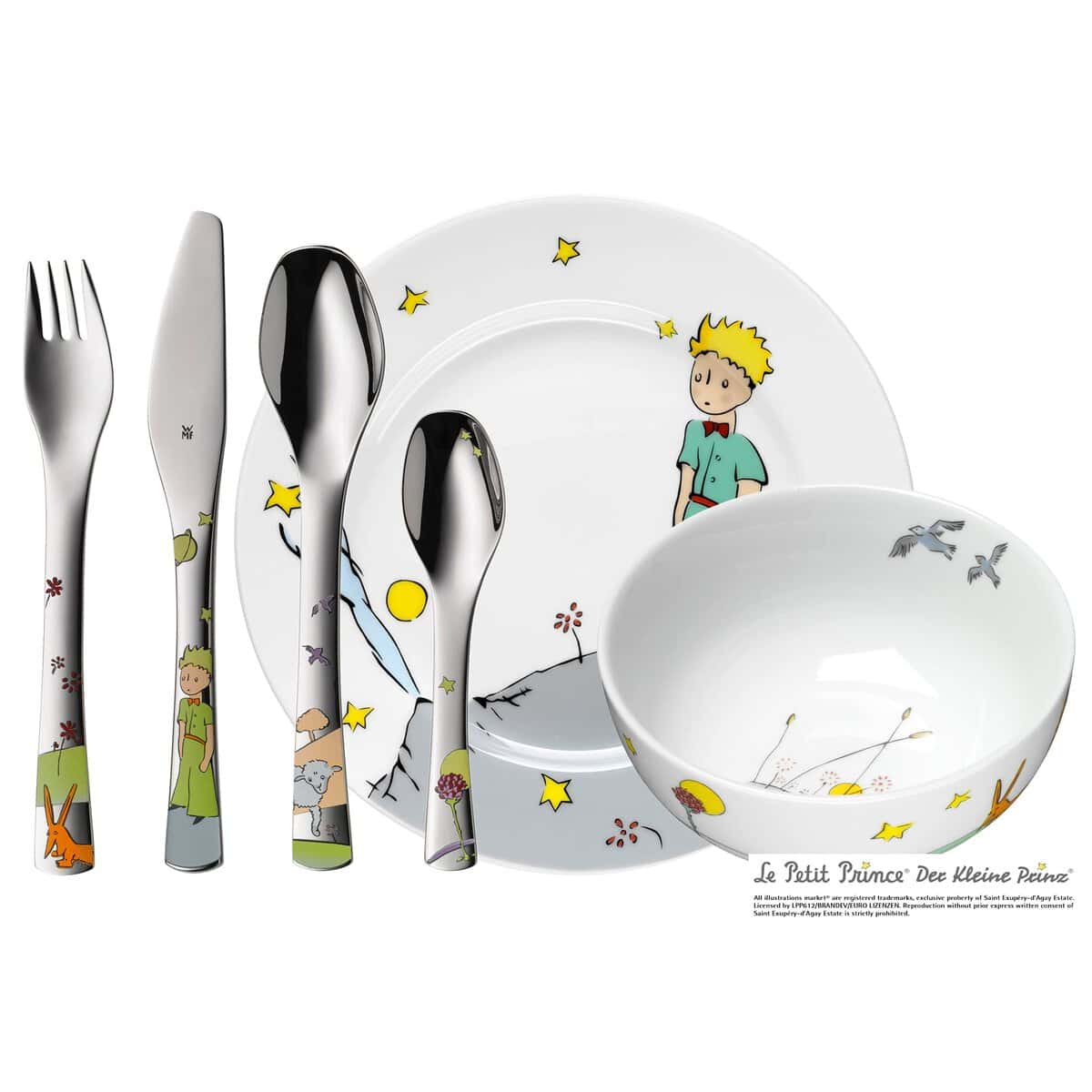 WMF Set posate bimbini Il Piccolo Principe in Acciaio Inox 18/10 Cromargan, set 6 pezzi con Tazza, Piatto, Coltello, Forchetta, Cucchiaio e Cucchiaino