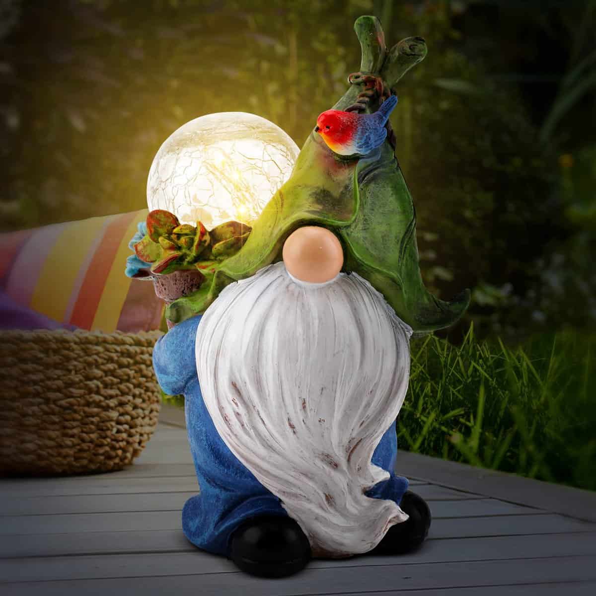 Augot Statua di Gnomo da Giardino, Dipinto a Mano, Impermeabile, All'aperto, Statuetta Figurine in Resina, con Luce Solare, per Esterno Patio Prato Iarda