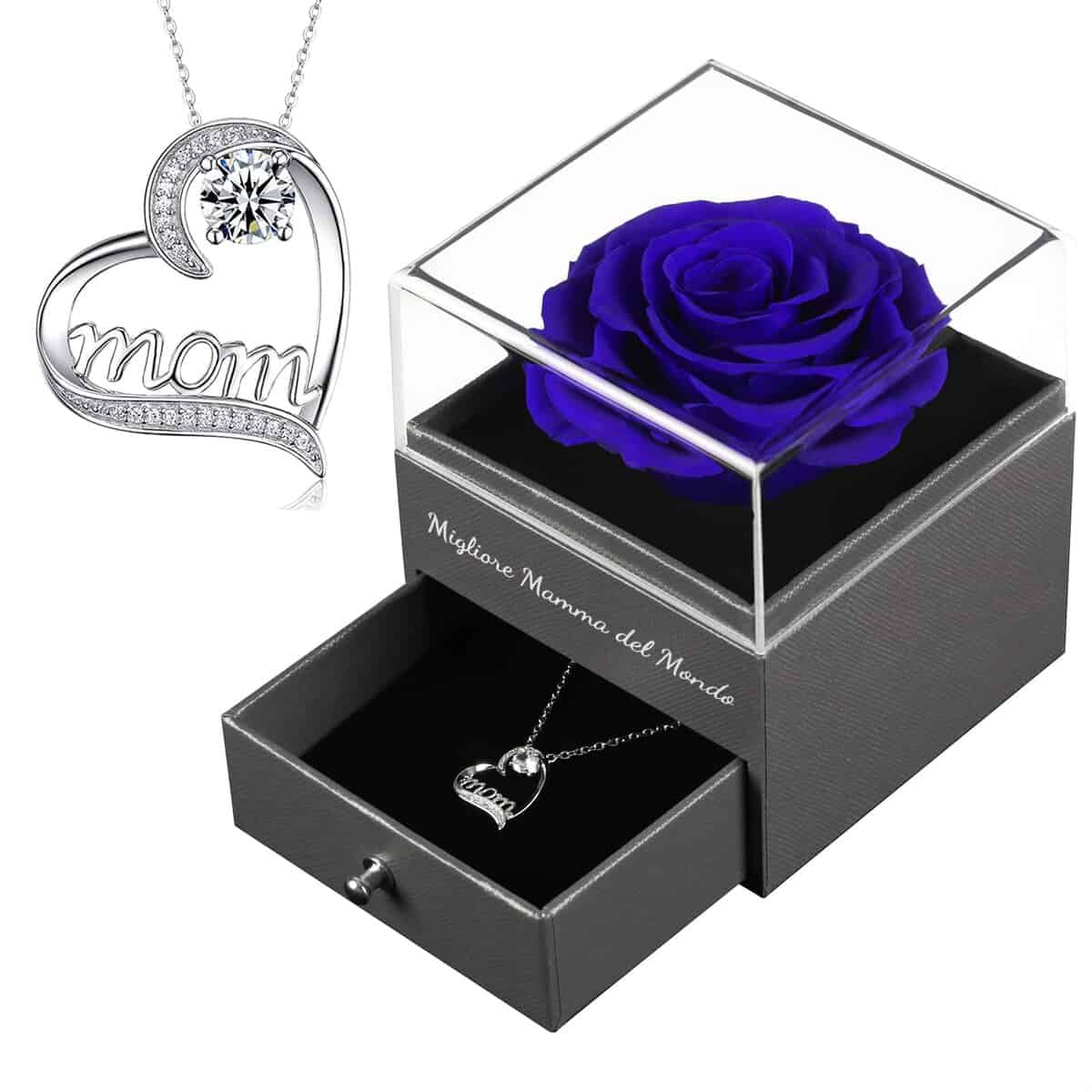 Yamonic Regalo Mamma Natale, Rosa Eterna con Collana Argento 925, Migliore Mamma del Mondo Regali per Mamma,Festa della Mamma Idee Regalo,Rosa Stabilizzata Vera per Mamma,Regalo Mamma Compleanno,Blu