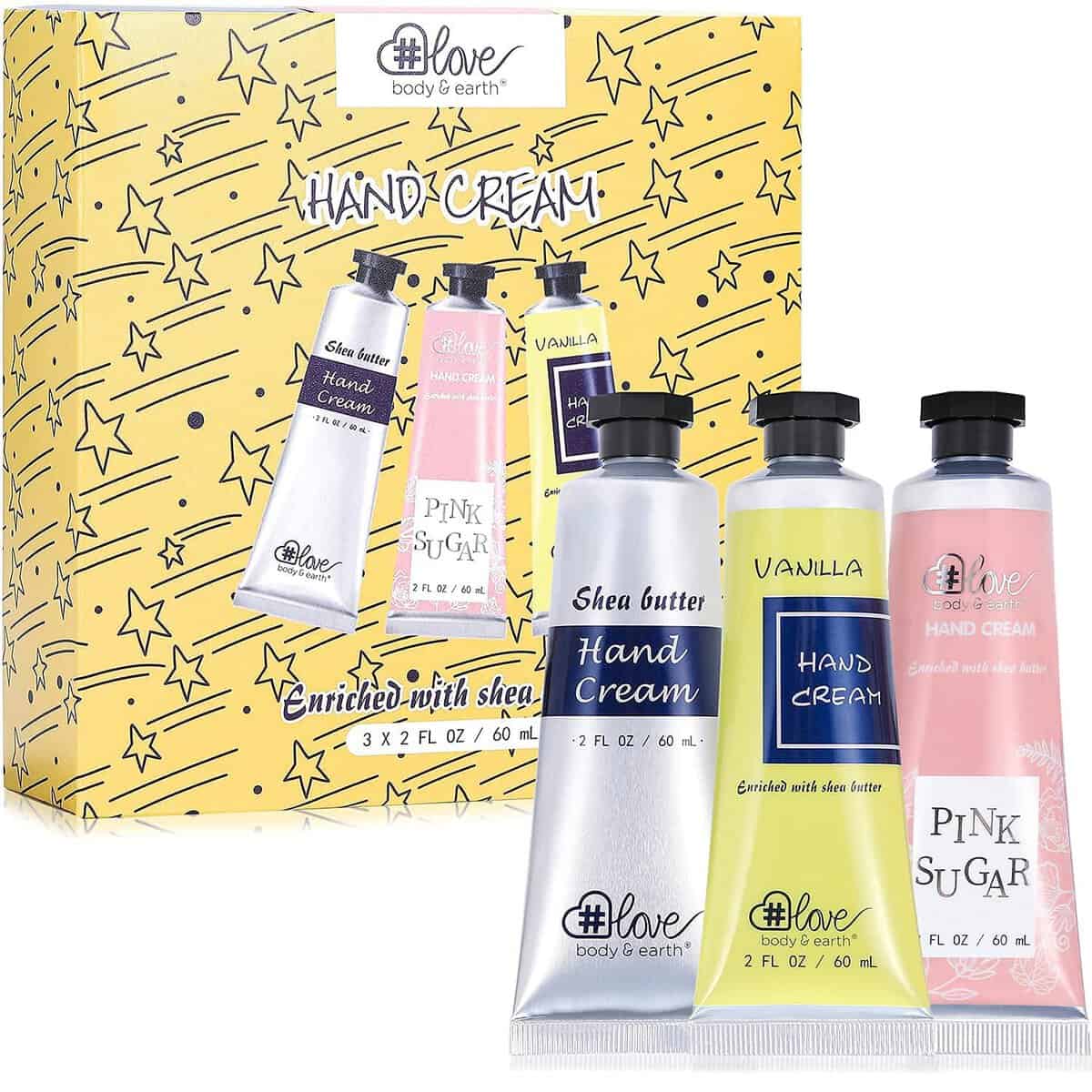 BODY & EARTH # LOVE Crema Mani Regalo Set 3 PCS x 60 ml, con Burro di Karitè per Mani Secche, Confezione Set da Viaggio con Aloe Naturale Vitamina E, Idee Regalo Donne per Natale, Compleanno,