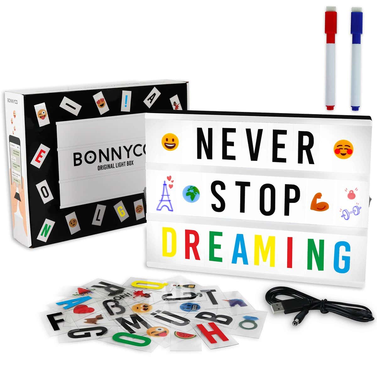 BONNYCO Light Box con 400 Lettere ed Emoji, 2 Pennarelli Lavagna Luminosa con Lettere Luminose Idee Regalo per Compleanno e Natale Bambina, Raggazza e Donna | Scritte Luminose Decorazioni